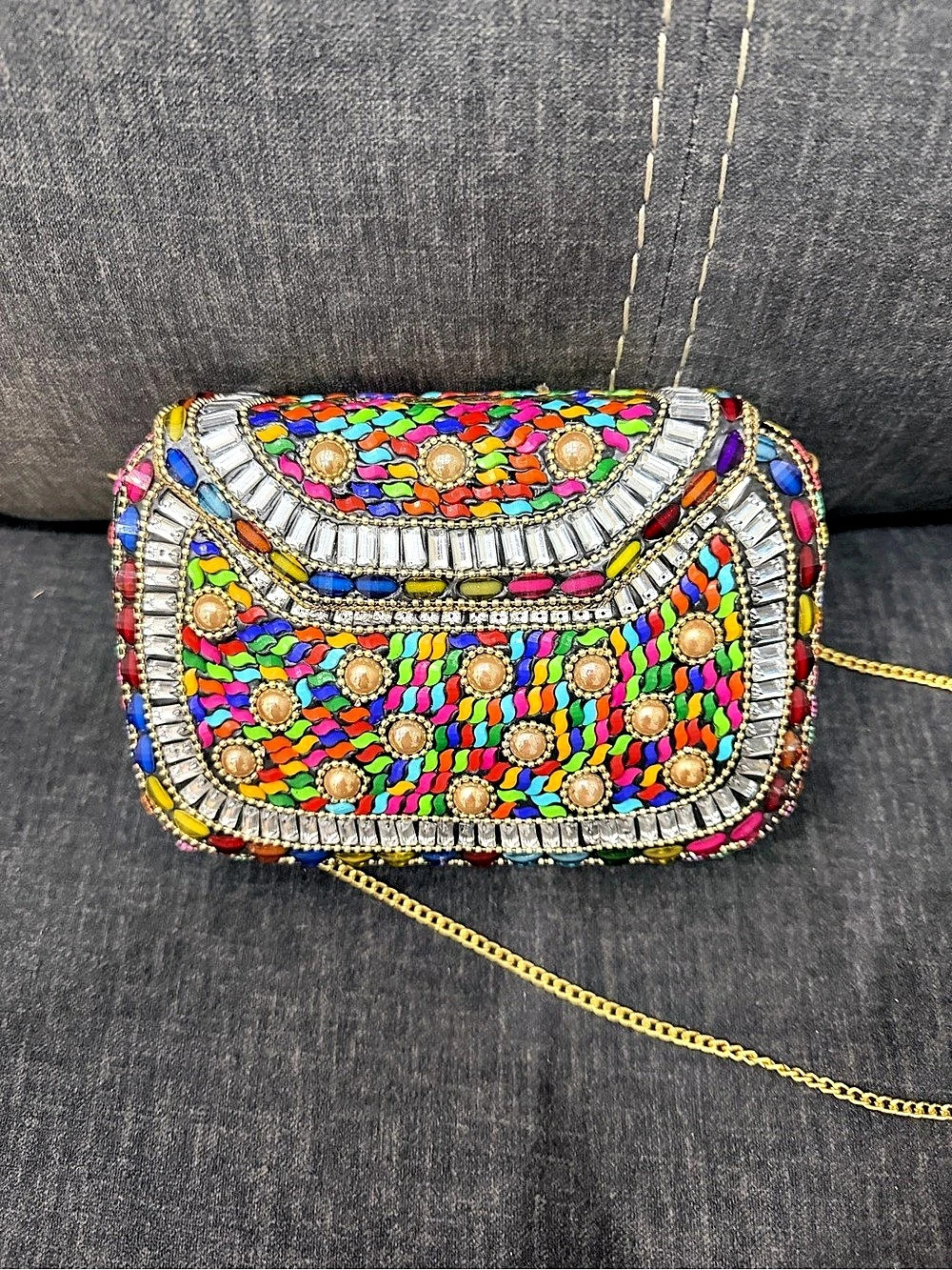 Beaded Multicolor Chain Clutch Metal